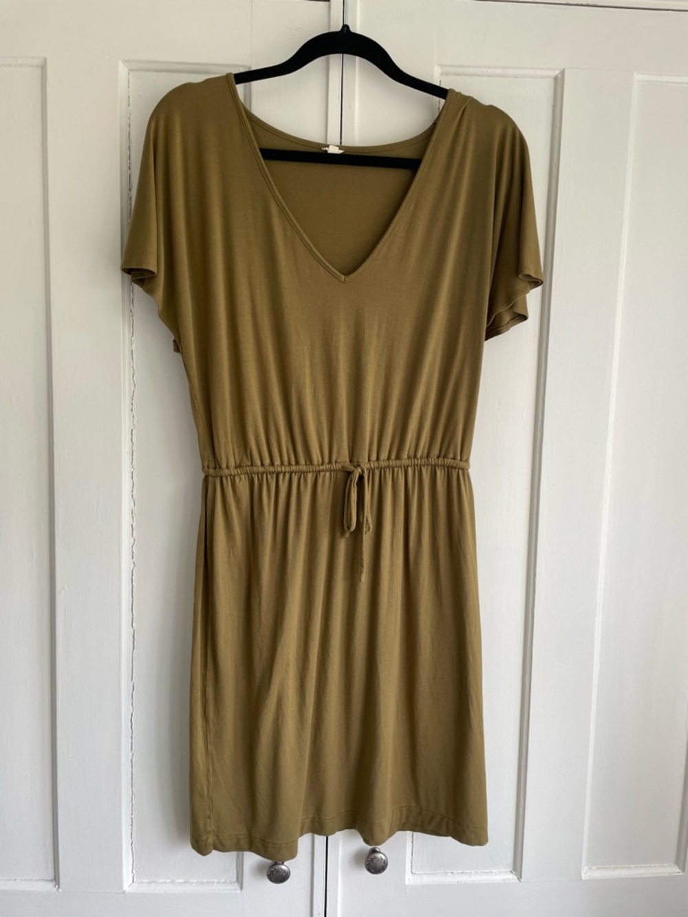J. Crew Dress XS V-Neck Drawstring Waist Short Flutter Sleeve Tunic in Olive